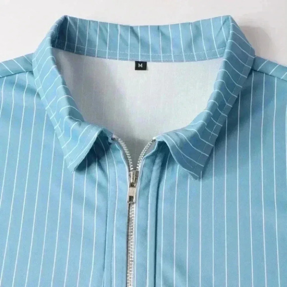 Blue Mens Striped Zip Up Polo - Picture 7 of 7